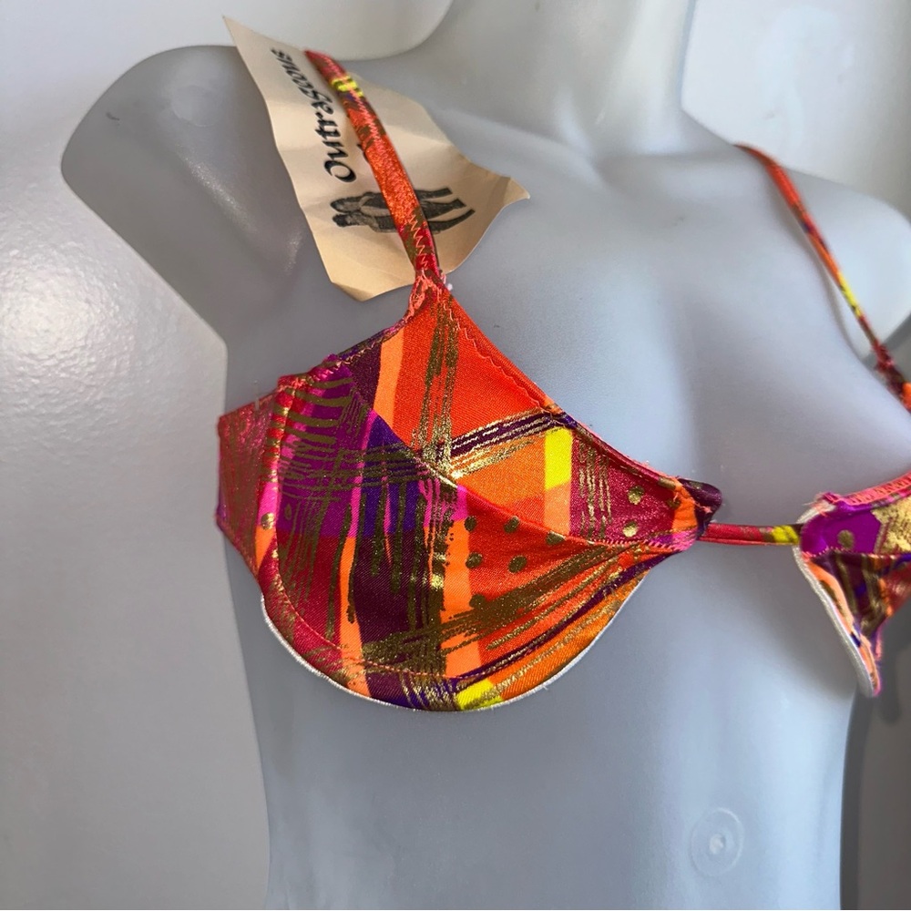 New Old Stock Vintage 90S Neon Orange Gold Foil Sin-Sations Bikini Top Sz S NWT - Picture 3 of 6